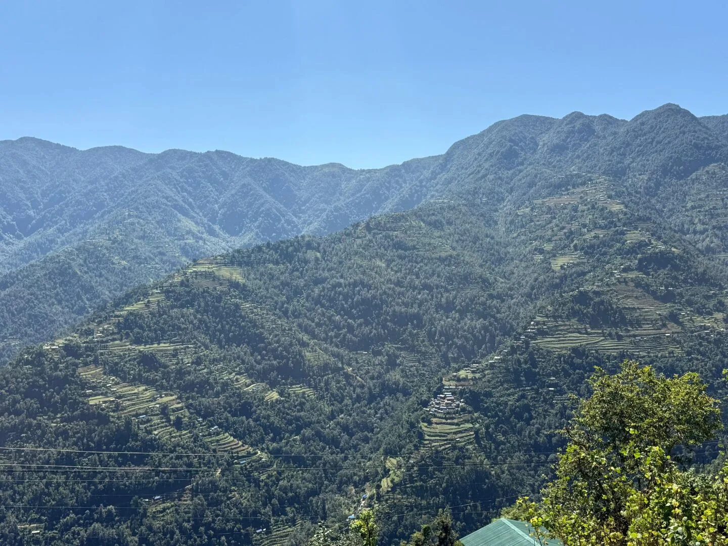Blick über die bewaldete Bergregion um Musikot in Nepal mit terrassierten Feldern und einzelnen Häusern an den Hängen.