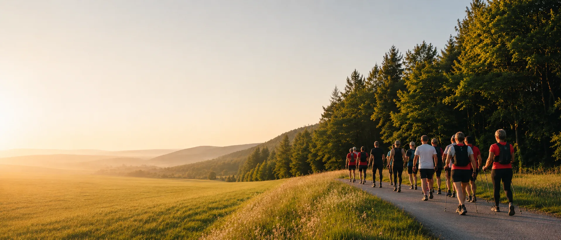 Gruppe von Läuferinnen, Läufern und Nordic Walkern auf einem Feldweg in hügeliger Landschaft im warmen Morgenlicht.